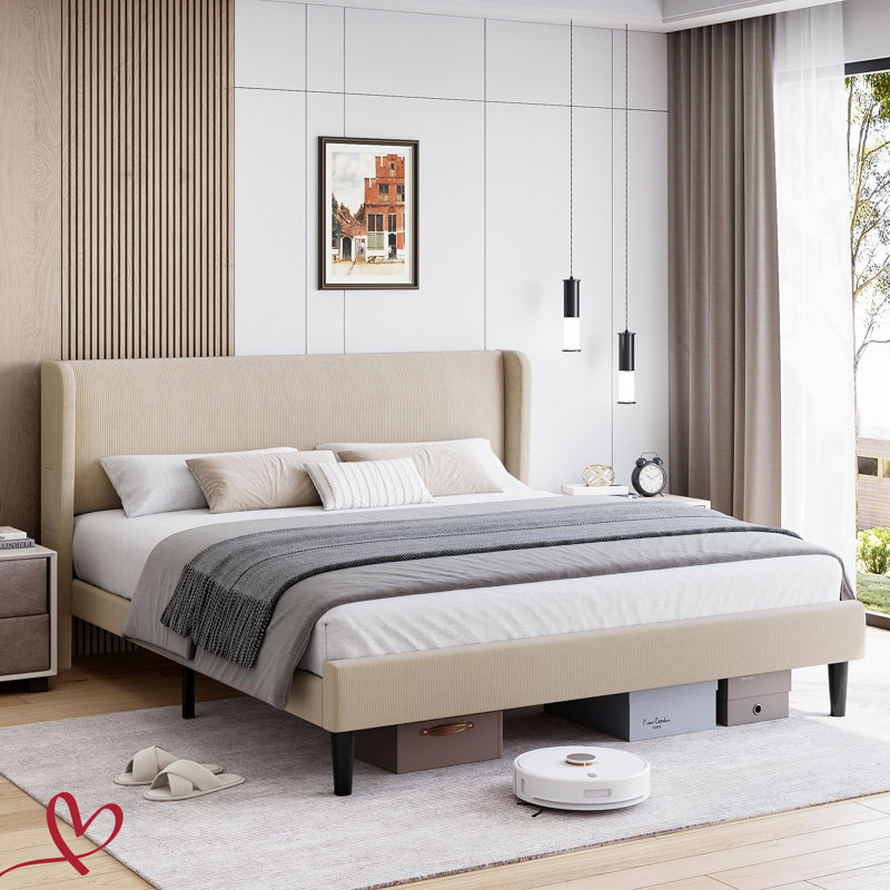 Lit plateforme double / grand / très grand avec lit tapissier en velours luxueux avec tête de lit à oreilles, support en lattes de bois sans sommier tapissier