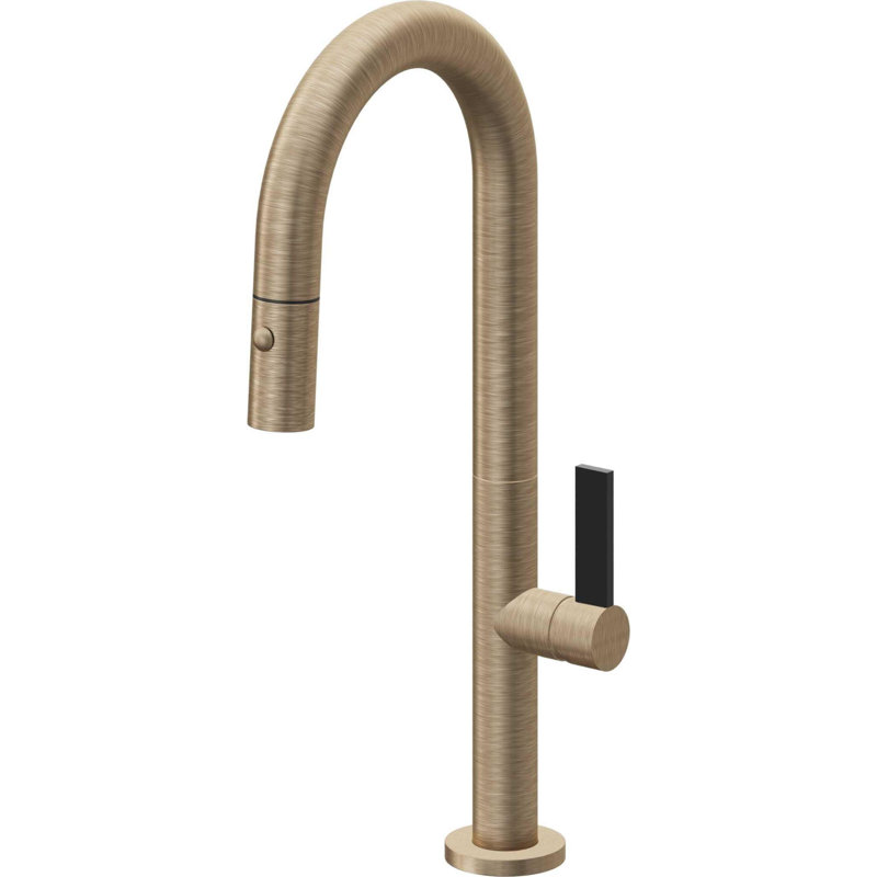 Pull-Down Prep/Bar Faucet With Button Sprayer, Black Flat Blade, Antique Brass Flat