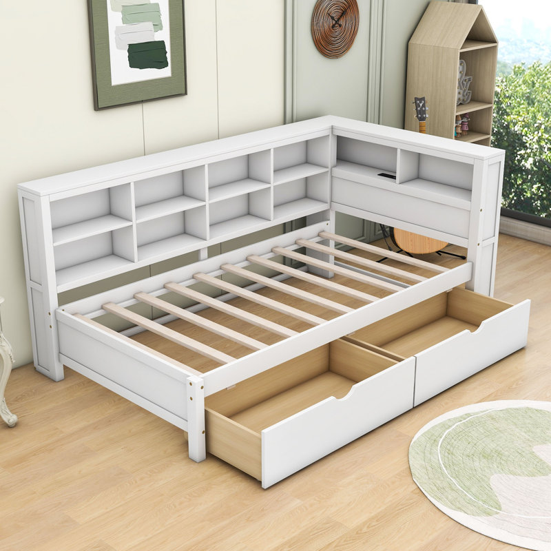Haileyjo Wood Daybed with 2 Drawers,USB Charging and Shelves, Twin, White