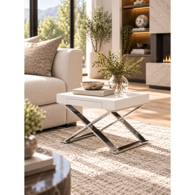     Pangea Home Alexa Modern Side Table – Contemporary Accent Table with Sleek Minimalist Design for Living Room, Bedroom, or Lounge Spaces - Nightstand with Pull Out Drawer - Modern X-Leg Table - Glossy Lacquer- White Side Table