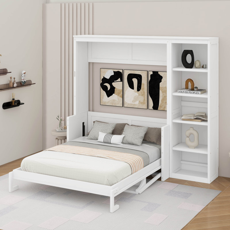 Lit escamotable double avec bureau et bibliothèque, Blanc, Double