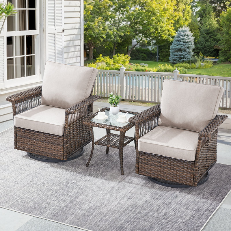 Tapash Emilka Outdoor Wicker Swivel Glider Chairs Set Of 2 With Cushions & Wicker Glass Side Table  Stylish Rattan Rocking Chairs For Relaxing On Patios, Decks, And Gardens