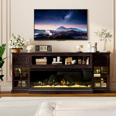 Meuble télé 81 po avec foyer électrique à 3 côtés de 50 po, centre de divertissement à DEL pour téléviseur de 90 po ou moins, console multimédia avec armoires de rangement et tiroirs pour le salon, la chambre à coucher