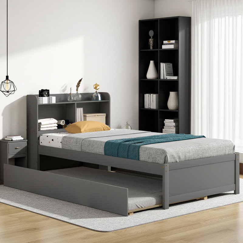 Lit plateforme moderne avec tête de lit et lit gigogne de rangement, Gris, Lit simple