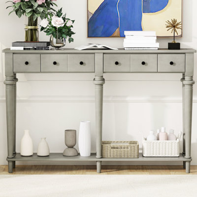 Console grise délavée pour le salon, 4 tiroirs, tablette ouverte, charme rétro, entrée rétro à structure stable avec tiroirs et lavabo, différents espaces