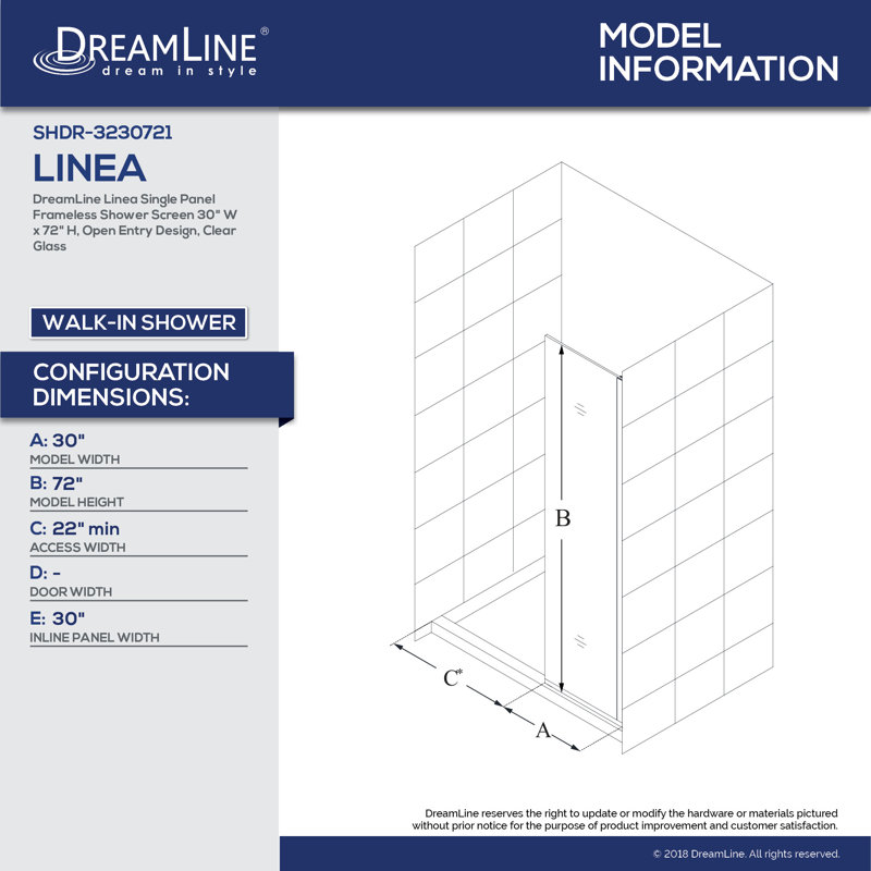 Linea 34" W x 72" H Frameless Fixed Glass Panel, Oil Rubbed Bronze