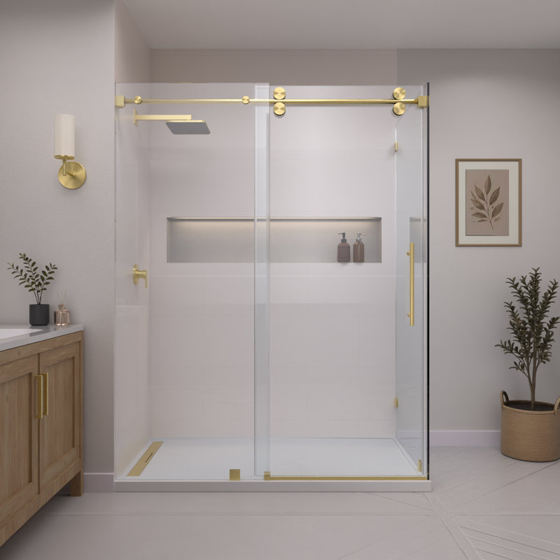 RadianceRP 48 In. W X 36 In. D X 76 In. H Sliding Frameless Corner Shower Enclosure With Clear Glass, Brushed Gold