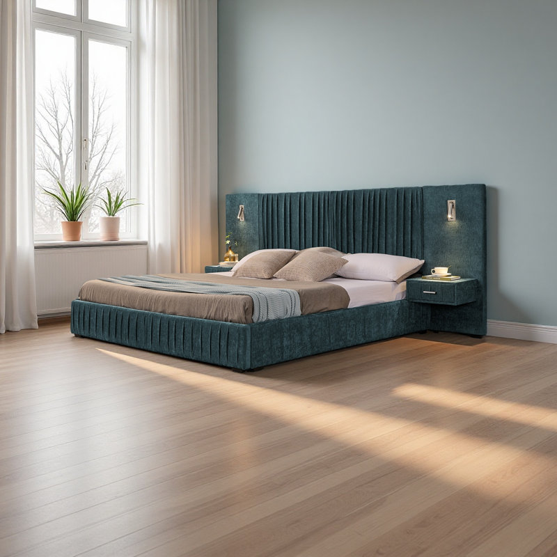 Upholstered Bed Frame With Chenille Fabric With Pleated Design,Grounded Platform Bed With Headboard And Solid Frame And The Bedside Table.No Box Spring Needed