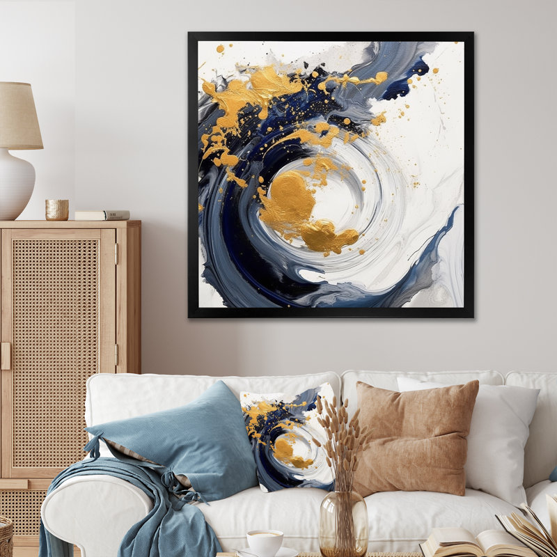 Bleu foncé et spirale dorée sur toile, Cadre simple noir, H 36 po x l 36 po x P 1,5 po