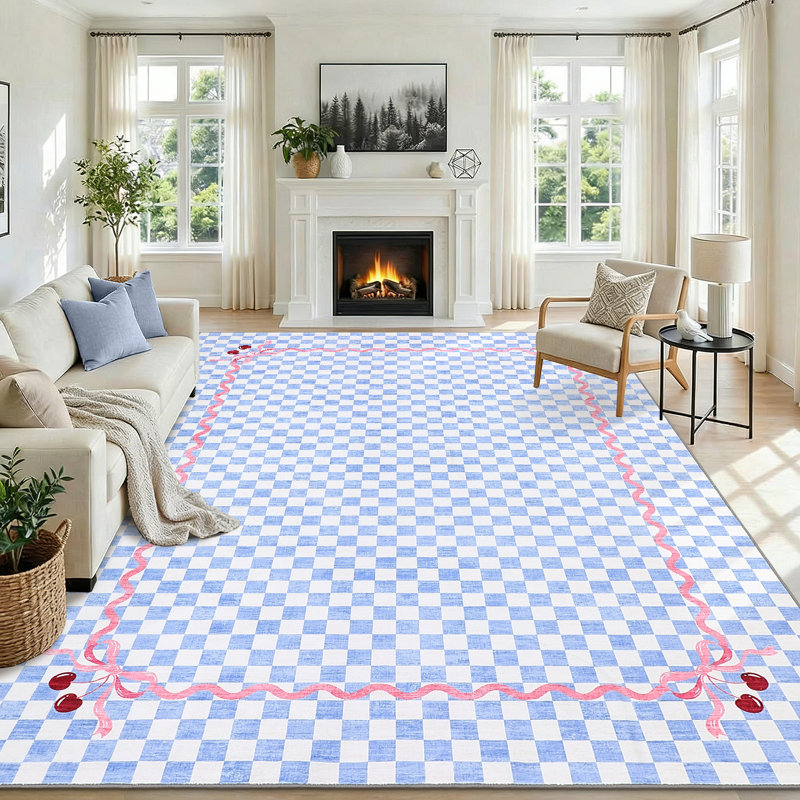 Tapis lavable en faux cerisier Coquette Gingham Cherry avec envers antidérapant, Blue, 9 x 12 pi