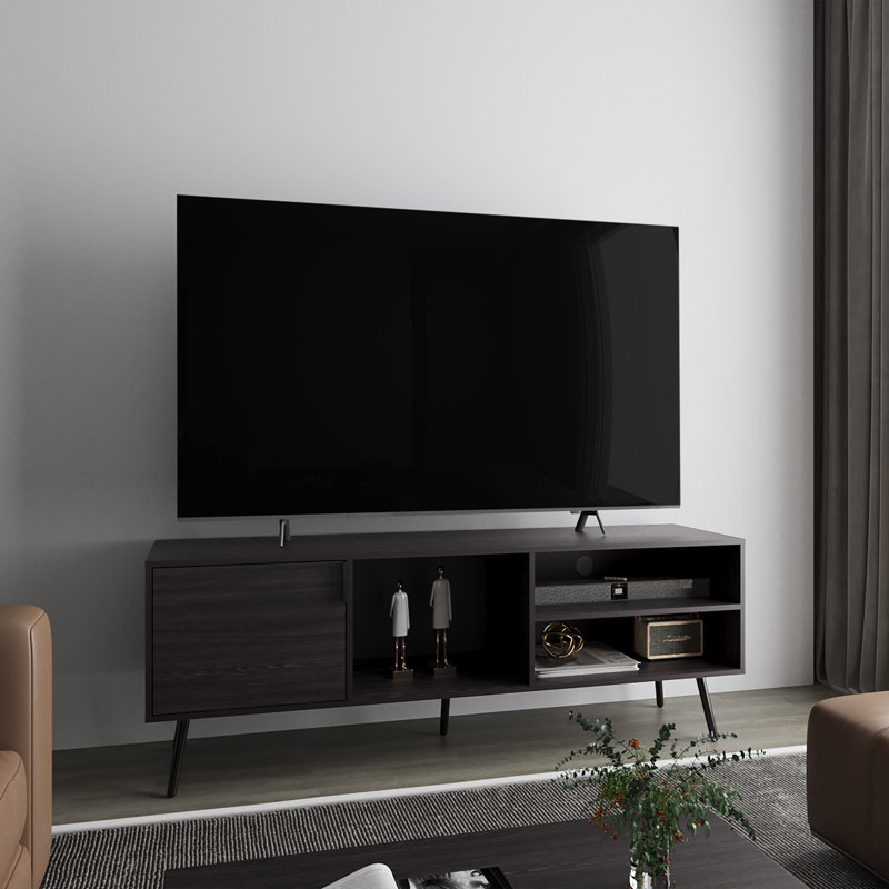 Meuble télé, 1 porte, 3 tablettes, noir sur place, Noir