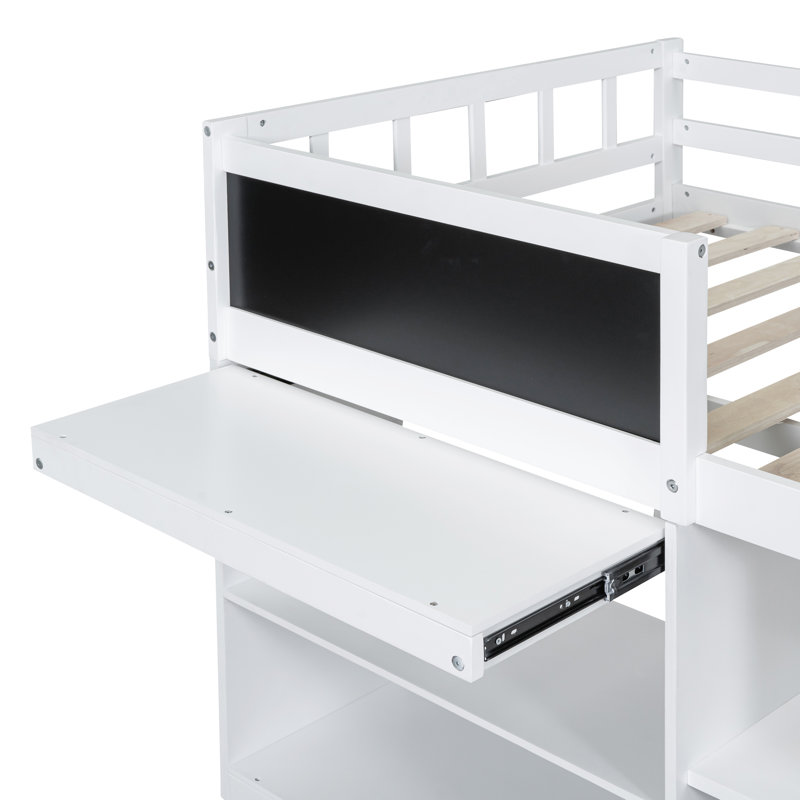 Lit mezzanine simple bas avec bureau intégré, tableau noir, tiroirs de rangement et tablettes
