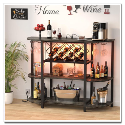 4-Tier Metal Coffee Bar Cabinet - Freestanding With Outlet, LED Light & Glass/Wine Rack, Gray Oak For Kitchen Dining Room