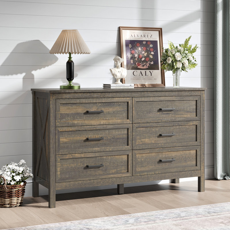 Farmhouse 6 Drawer Dresser for Living Room,Bedroom Dresser with Anti-Tip Device, Dark Rustic Oak