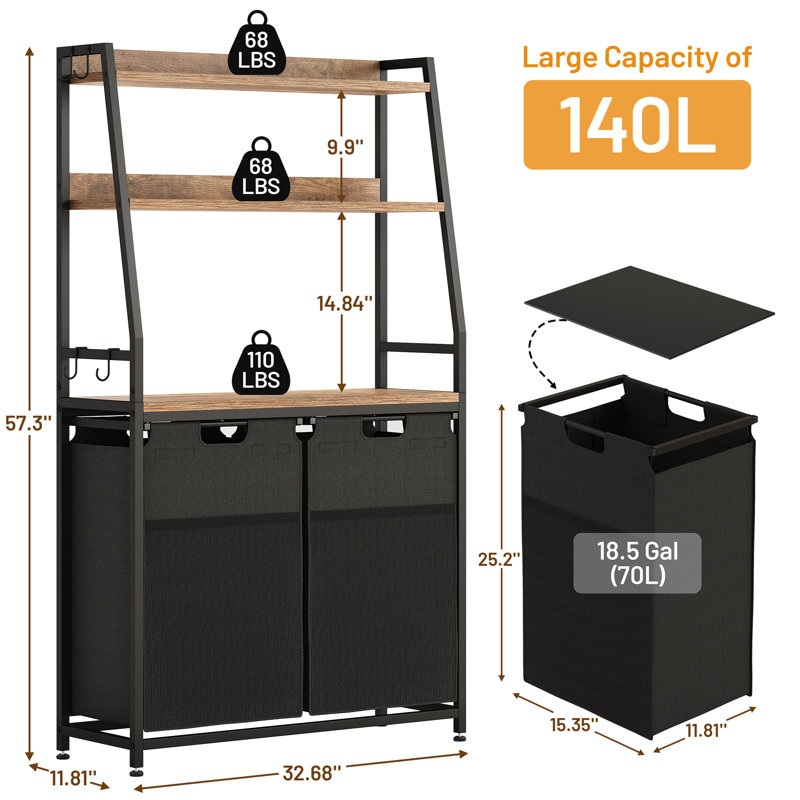 2 Section Laundry Hamper, 140L Laundry Basket With 3 Shelves Laundry Sorter, Freestanding Laundry Organizer With 4 Hooks & 2 Removable Washable Bags & Side Pockets For Bathroom Dorm
