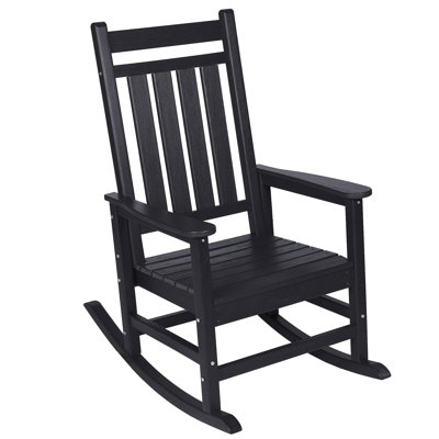 Oversized Rocking Chair With Wood-Texture, Outdoor Rocking Chair For Adults, All Weather Resistant Porch Rocker For Lawn Garden, Black