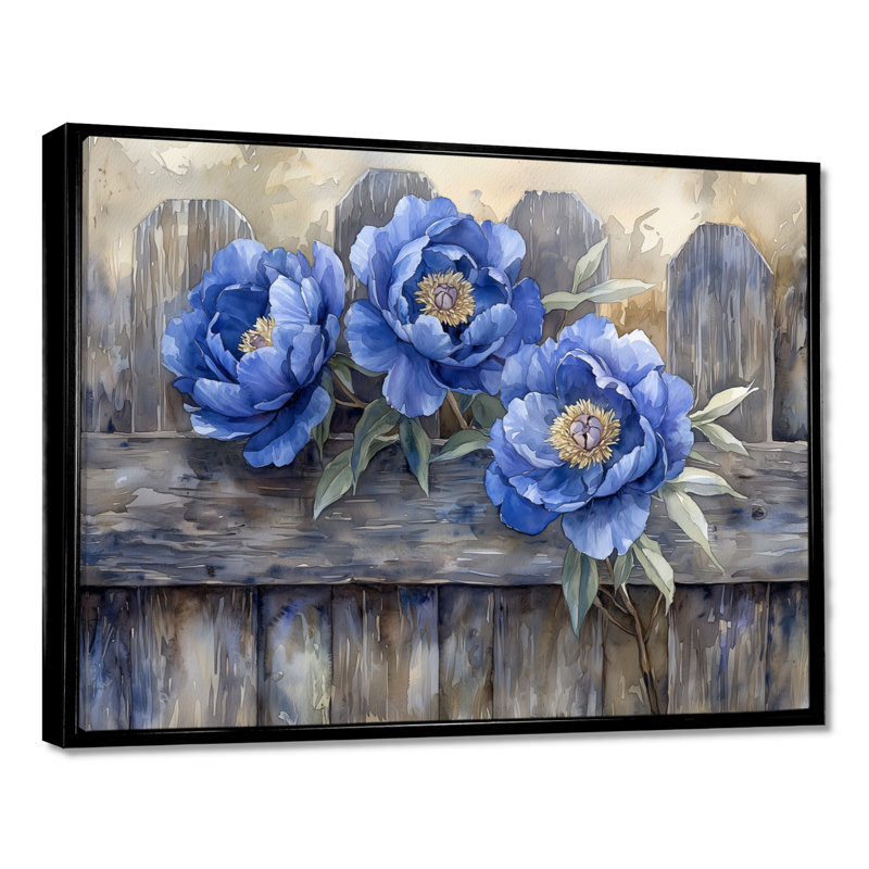 Ilze, pivoines bleues par la clôture I - pivoines, art mural, Noir, H 12 po x l 20 po, Impression encadrée flottante