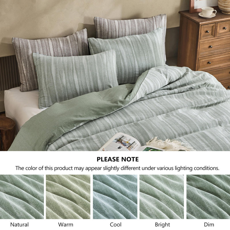 100% Cotton Yarn-Dyed Jacquard Duvet Floral Duvet Cover Set, Queen Duvet Cover + 2 Standard Pillowcases, Green Wavy