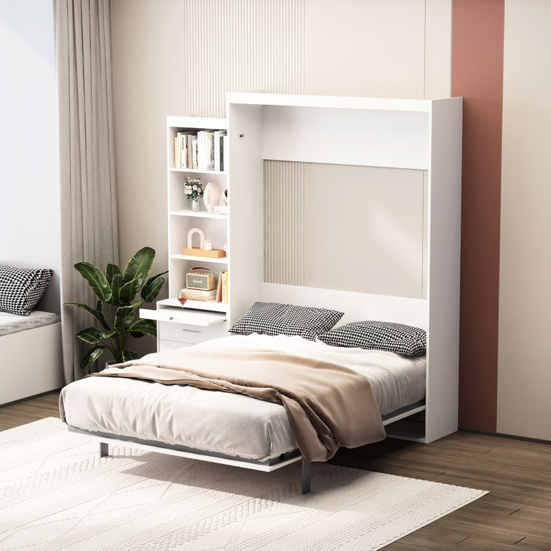 Lit avec tablette pour chambre à coucher - Construction et look moderne pleine grandeur et tiroirs mur blanc compact