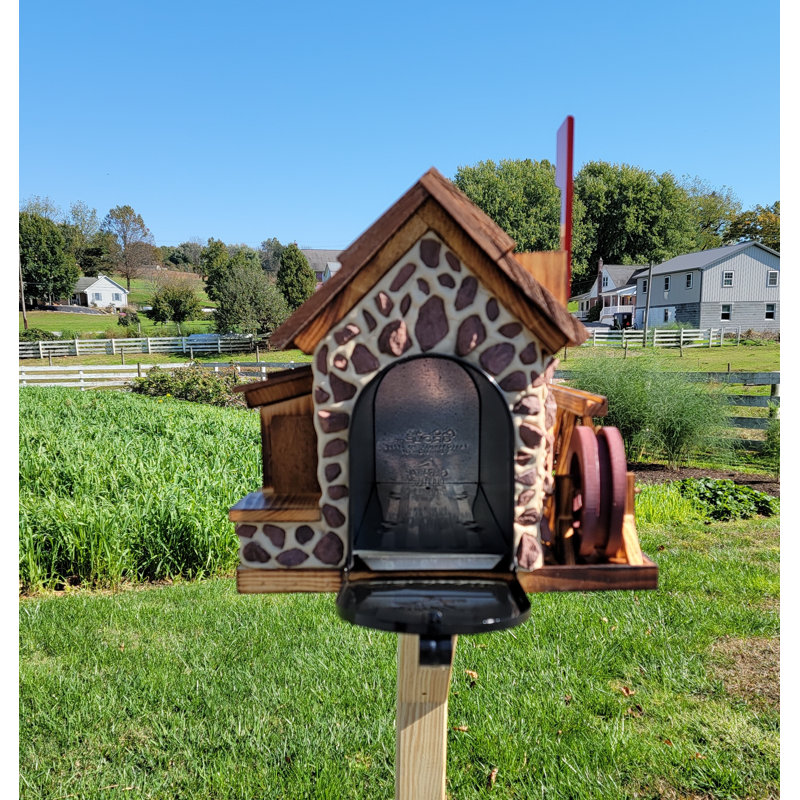 Boîte aux lettres en pierre Amish, faite à la main, avec roue à aubes, style grange