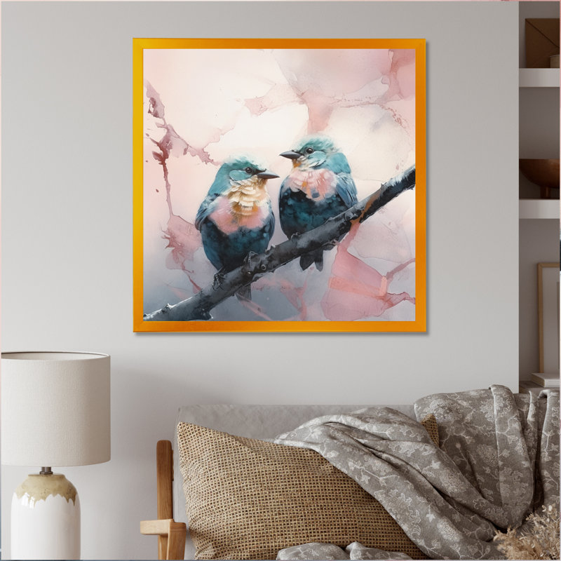 Deux oiseaux bleus sur un arbre à fleurs III, Impression dorée sur toile encadrée, H 24 po x l 24 po x P 1 po