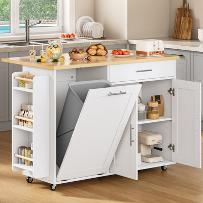 Portable Mobile Rolling Kitchen Island With Trash Can Storage Cabinet & Drop Leaf, Wheels Drawer Cabinet For 13 Gallon Garbage Bin by Ebern Designs
