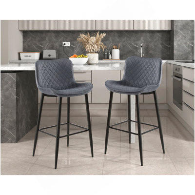 Set Of 2 Pub Height Chairs Dark Gray Velvet Upholstery Modern Casual Dining Furniture Metal Legs, 29-Inch Seat Height, Bar Chairs