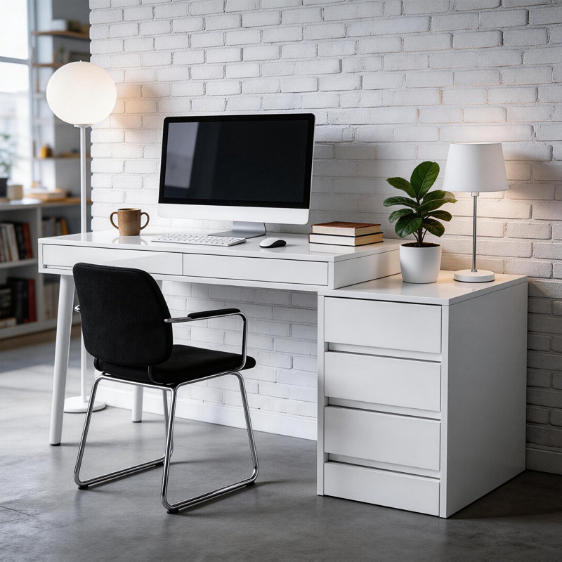 Bureau 39,37 po blanc brillant moderne avec 5 tiroirs et support d'imprimante, ordinateur de bureau réversible et coiffeuse pour petits espaces