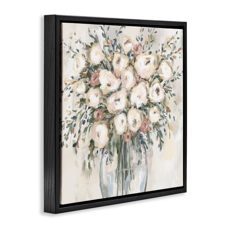 «Round Blossoms in Bouquet Black», art par Leah Noel Art, H 18 po x l 18 po, Cadre flottant métallique doré