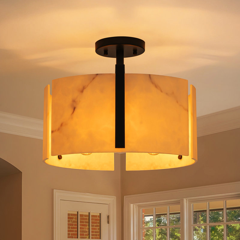 Plafonnier semi-encastré 3 lumières en faux albâtre avec texture unique, Noir mat