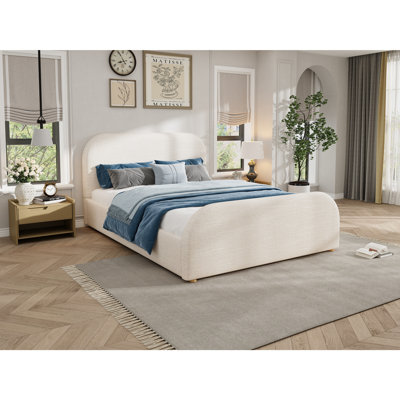 Queen Size Bed Frame With Linen Upholstered Curved Headboard, Solid Wood Legs, Beige (old sku: N757Q343420I)