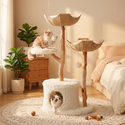 Arbre à chat en bois naturel de 119 cm (46,9 po) avec 2 paniers tressés, une niche, un perchoir moelleux et des poteaux à griffer en sisal