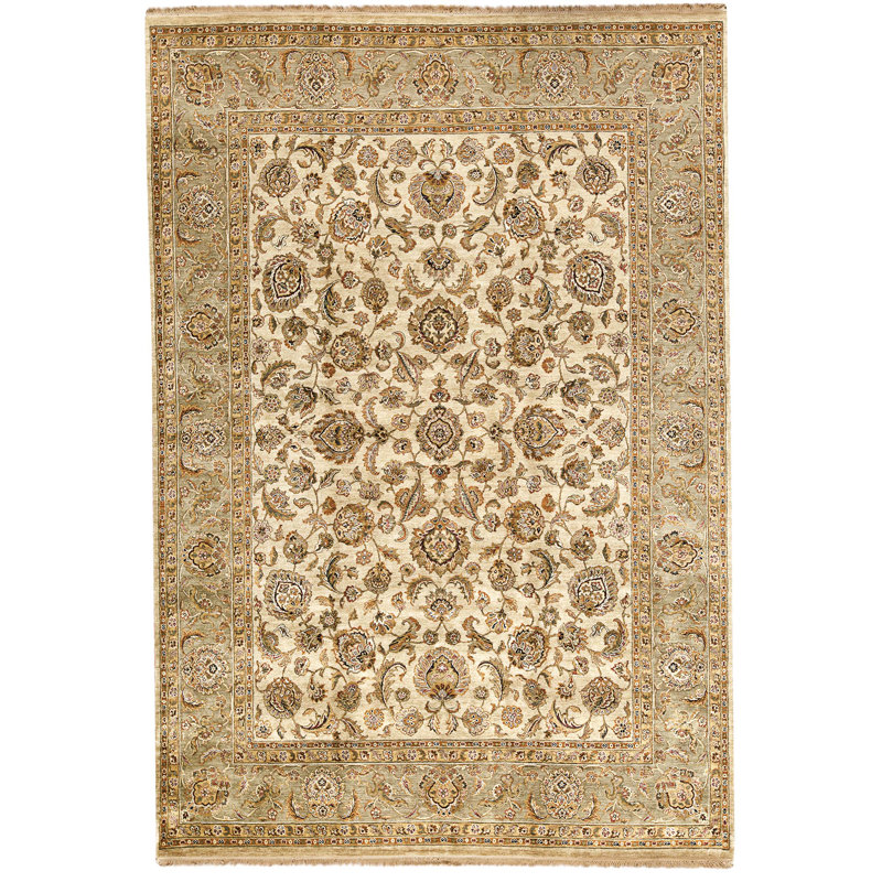 Hand Knotted Wool Area Rug in Camel And Green Olive