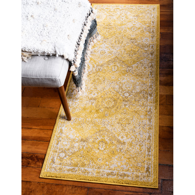 Tapis jaune à motif abstrait Kalf, Tapis de couloir 2 pi 2 po x 6 pi 1 po