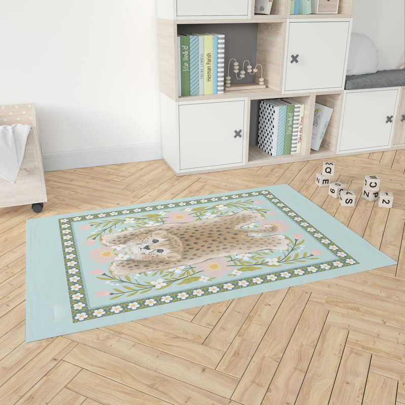 Lil Lying Leopard Flowers Kids Play Mat, Blue, Rectangle 5' x 7'