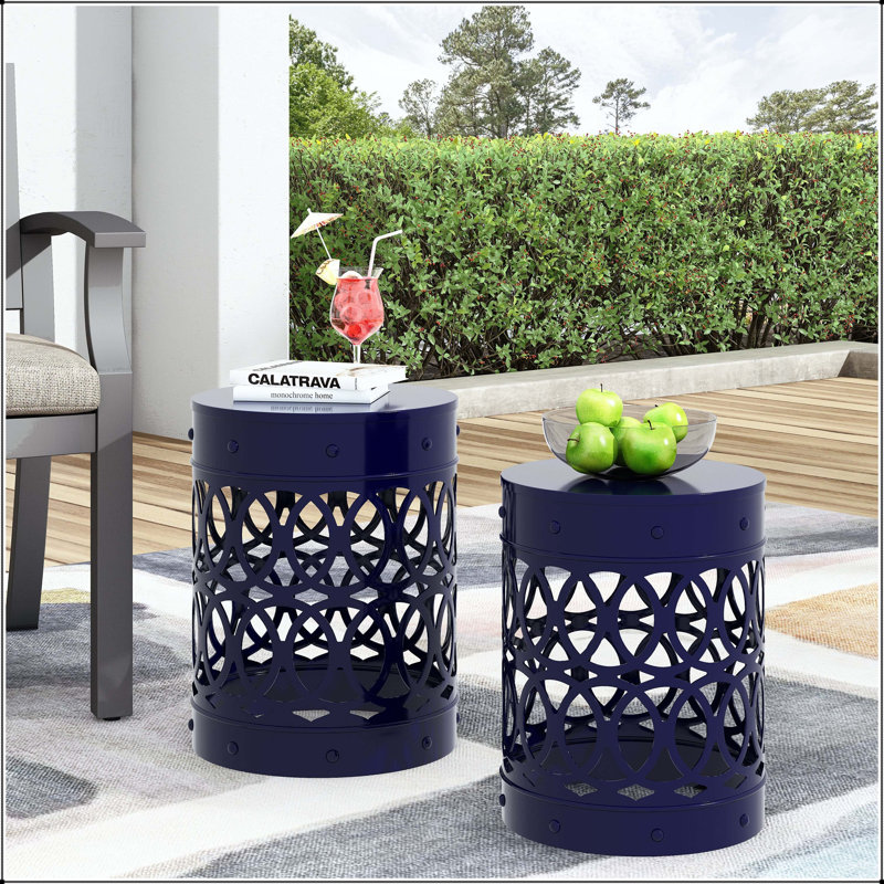 Ensemble de 2 tables de bout d'extérieur en métal avec motif de cercles superposés - bleu marine, Navy Blue