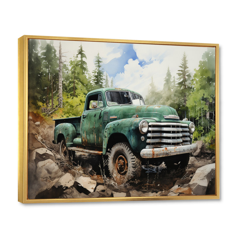 Pickup Truck Offroad Adventures I - Transportation Canvas Wall Art, Cadre flottant doré, H 24 po x l 32 po x P 1 po