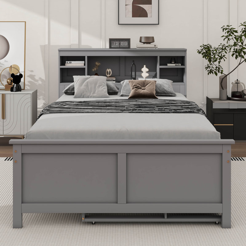 Agnes Platform Bed With Storage Headboard, USB, Trundle And 3 Drawers, Full, Gray