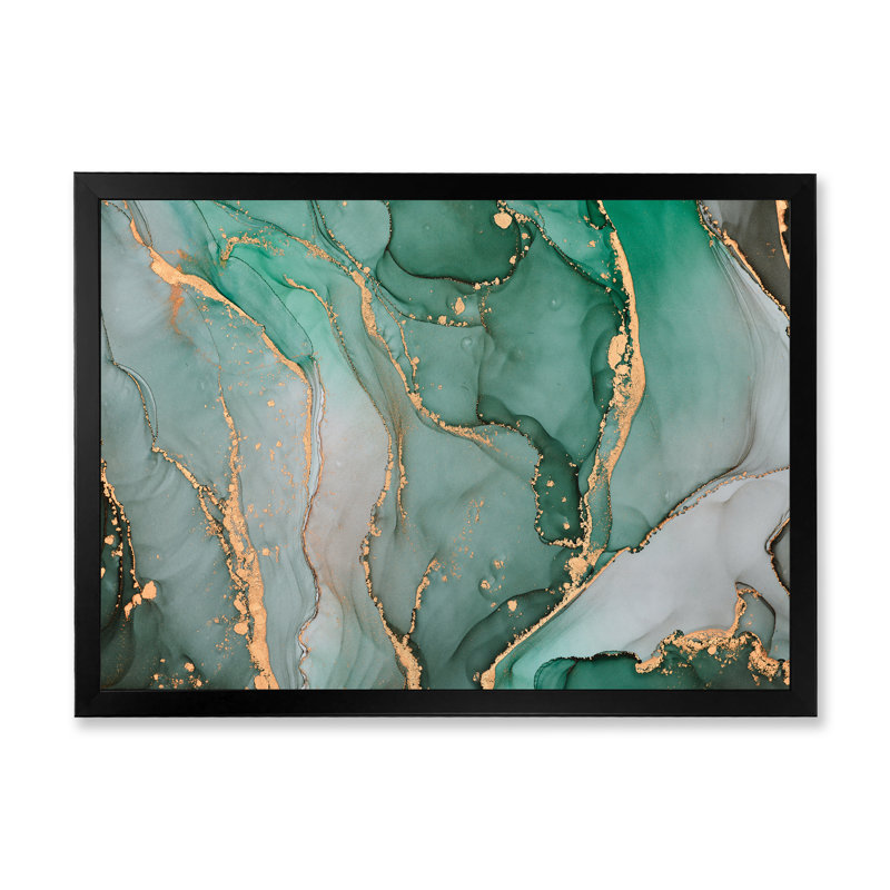 Turquoise et gris, art abstrait fluide de luxe III, reproduction sur toile, H 34 po x l 44 po, Cadre photo noir