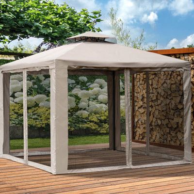 Auvent 9,6 'X pour abri de jardin extérieur, 2 toits avec filet. Protection, structure en acier, jardin, pelouse, cour arrière, terrasse. Taupe, structure spacieuse et à l'épreuve du vent et filet de protection