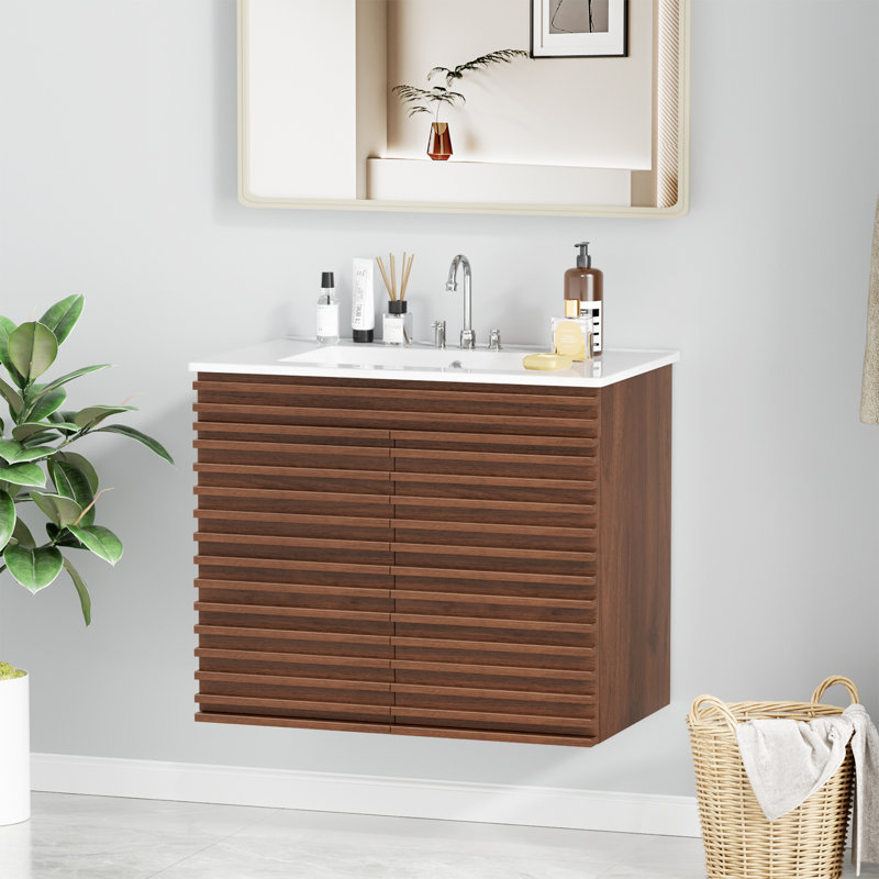 Wall-mount Walnut  Bathroom Vanity With Sink, 30"