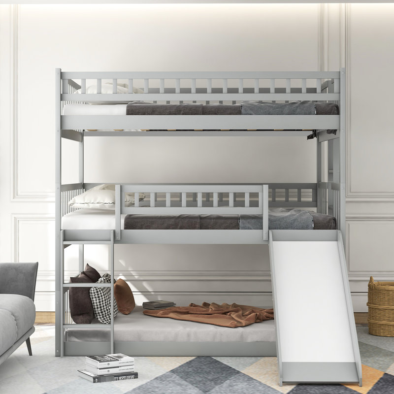 Triple Bunk Bed, Gray, Built With Wood And Guardrails Gray Space Efficient Design, Constructed Solid