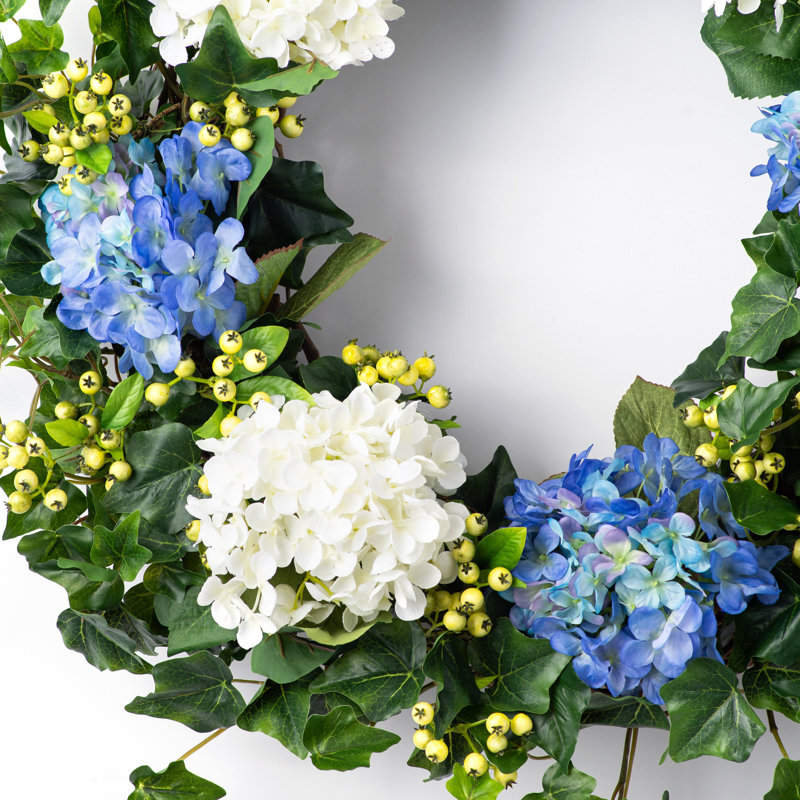 Couronne d'hydrangées en soie, H 30 po x L 30 po x P 5 po, Bleu / vert