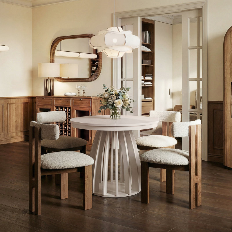 Extendable Round Dining Table, Beige, Beige