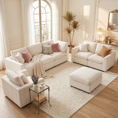 Ensemble de meubles de salon 4 pièces, 3 places + causeuse + fauteuil + repose-pieds mobile, canapé rembourré en chenille à assise profonde avec structure en bois massif et comprend 3 coussins décoratifs