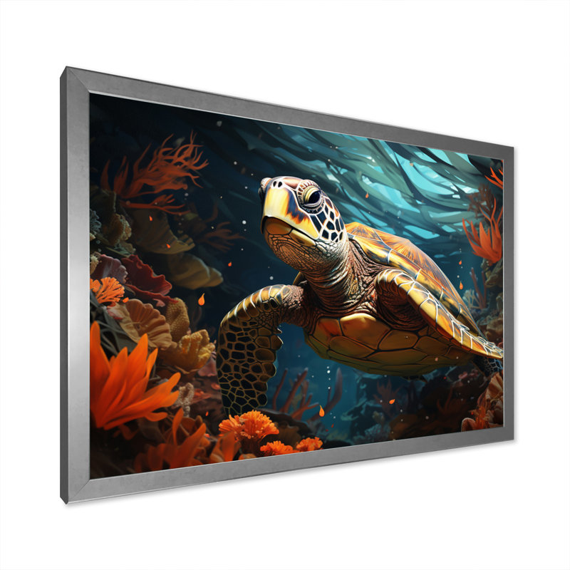 «Turtle Aquatic Wanderer», impression géométrique sur toile, Cadre simple argenté, H 30 po x l 40 po x P 1,5 po