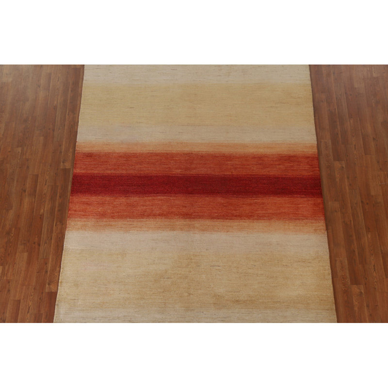 Striped Hand-Knotted Rectangle 6'6" x 8' Wool Area Rug in Beige/Red