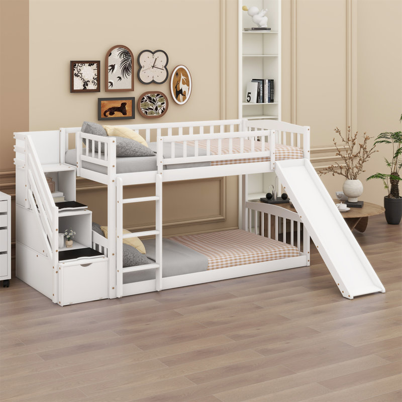 Lit superposé avec escalier de rangement et glissade, Blanc