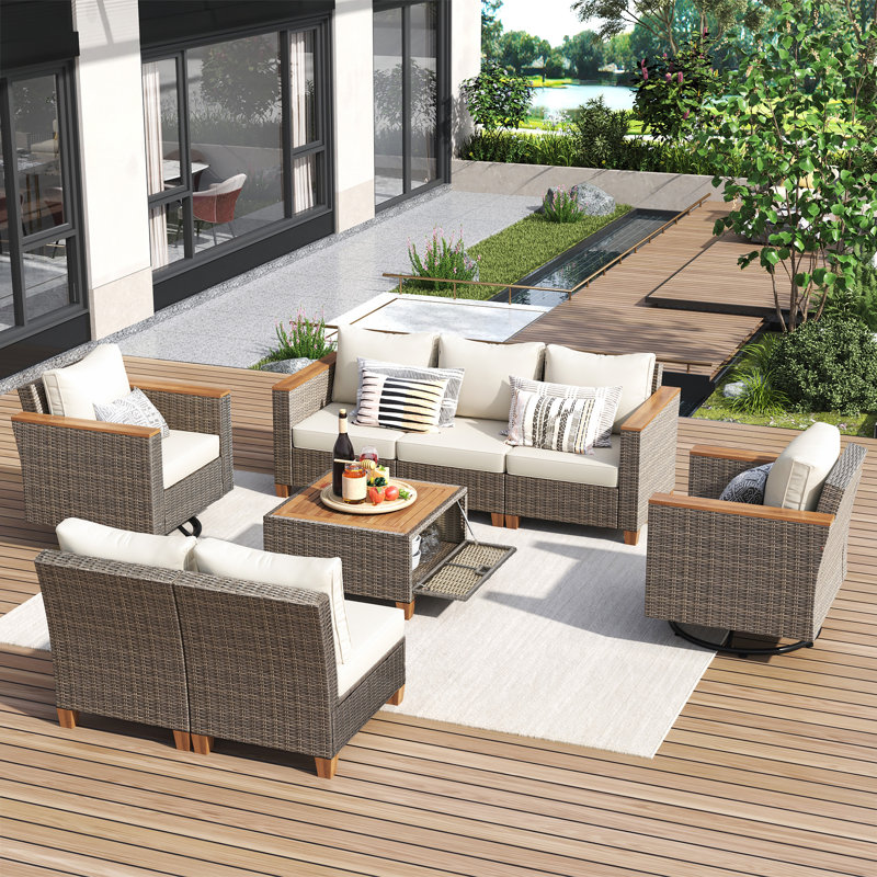 Ensemble de mobilier d'extérieur en osier 8 pièces avec coussin épais 8 pièces, Beige