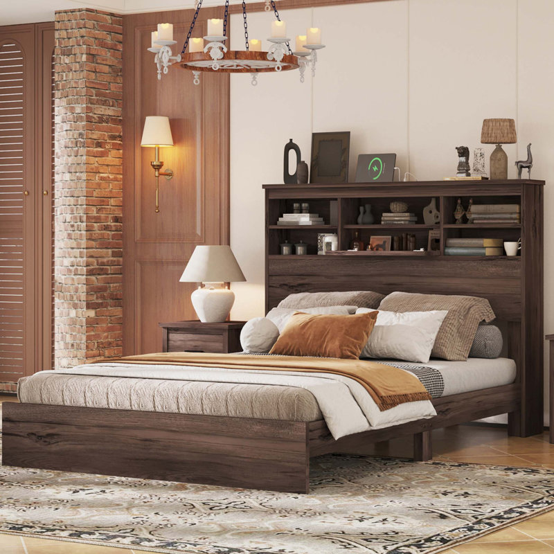 Lit plateforme en bois avec ports de chargement USB, Noyer